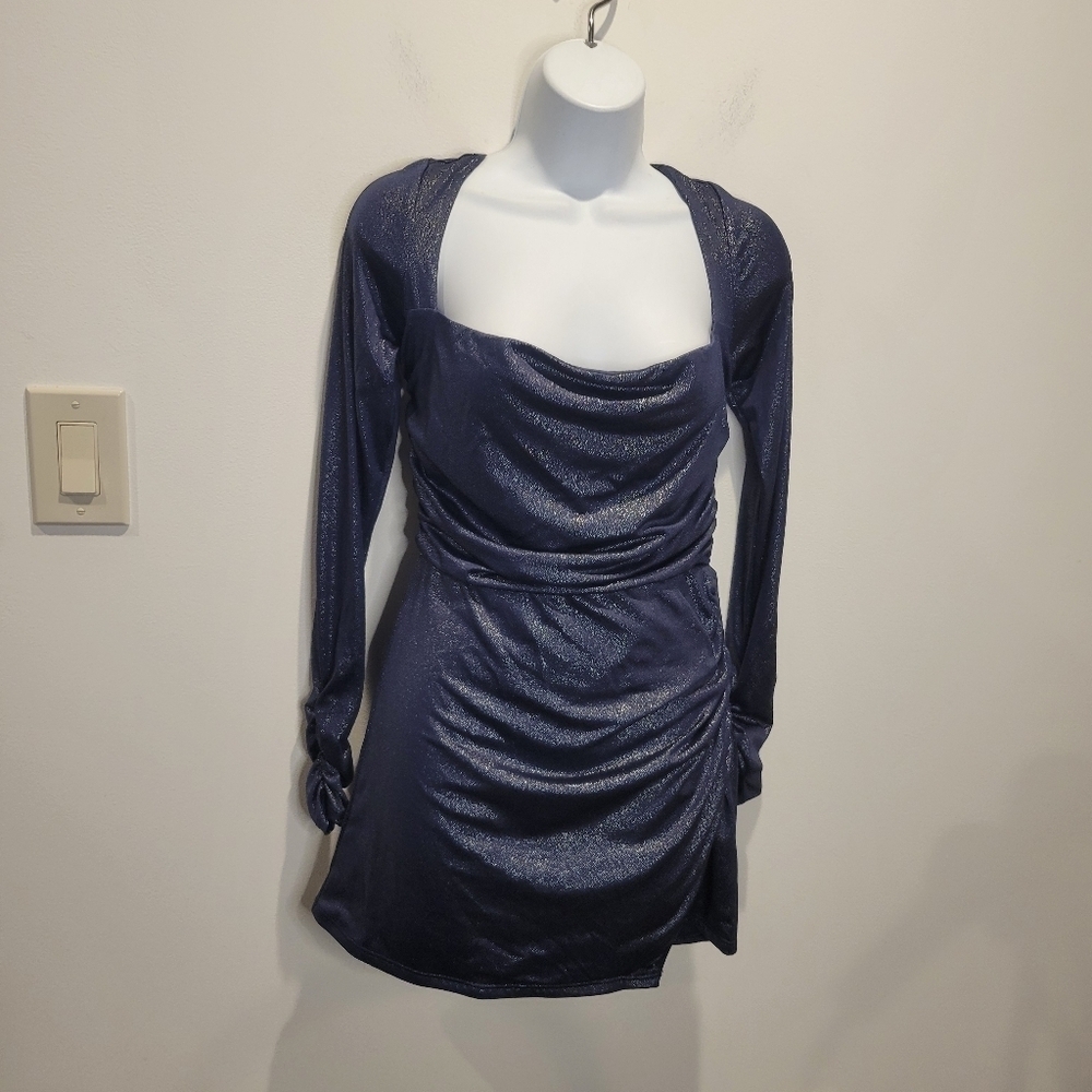 Lucy In The Sky Size L Blue Glitter Sparkle Long Sleeves Cutout Dress